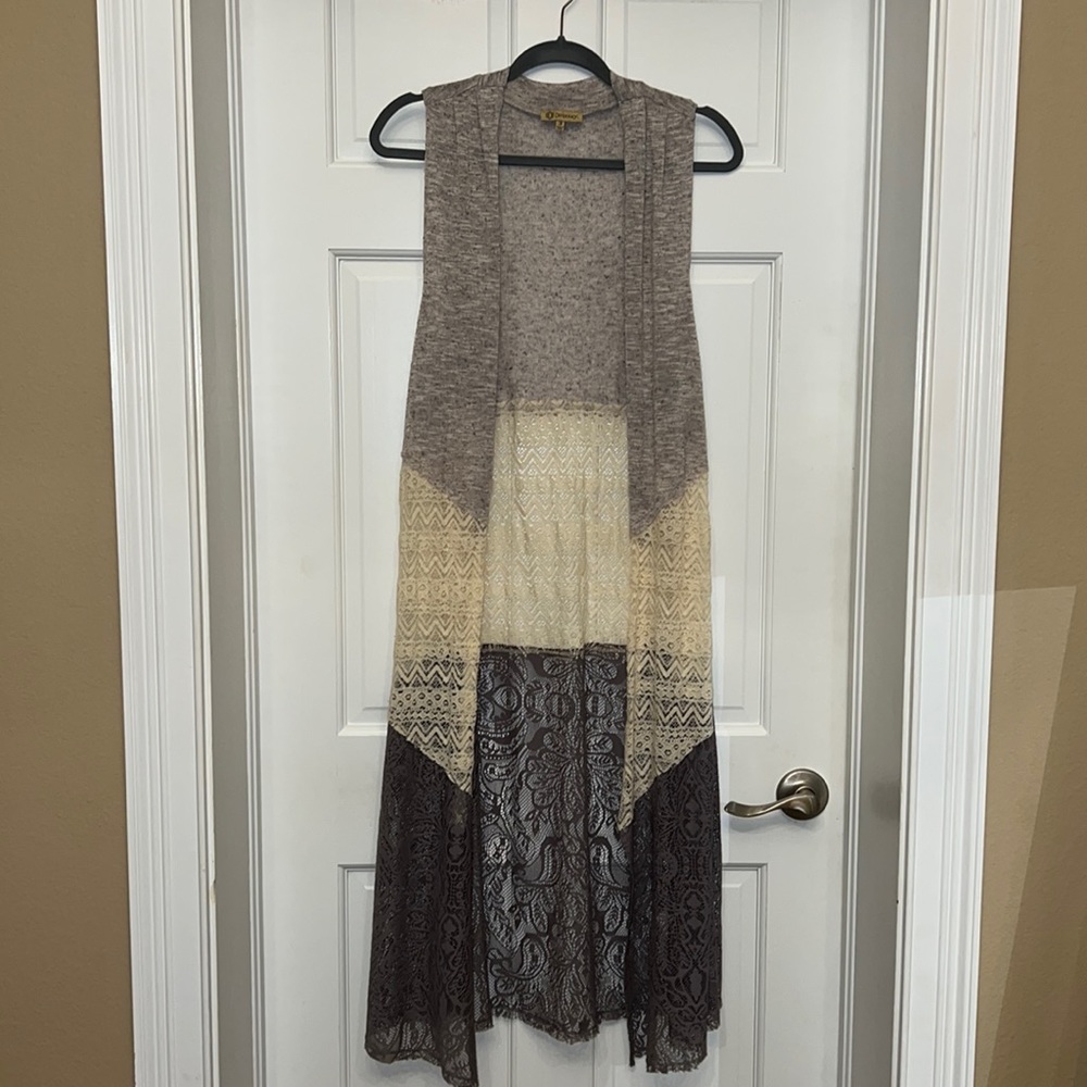 Democracy lace and knit long vest